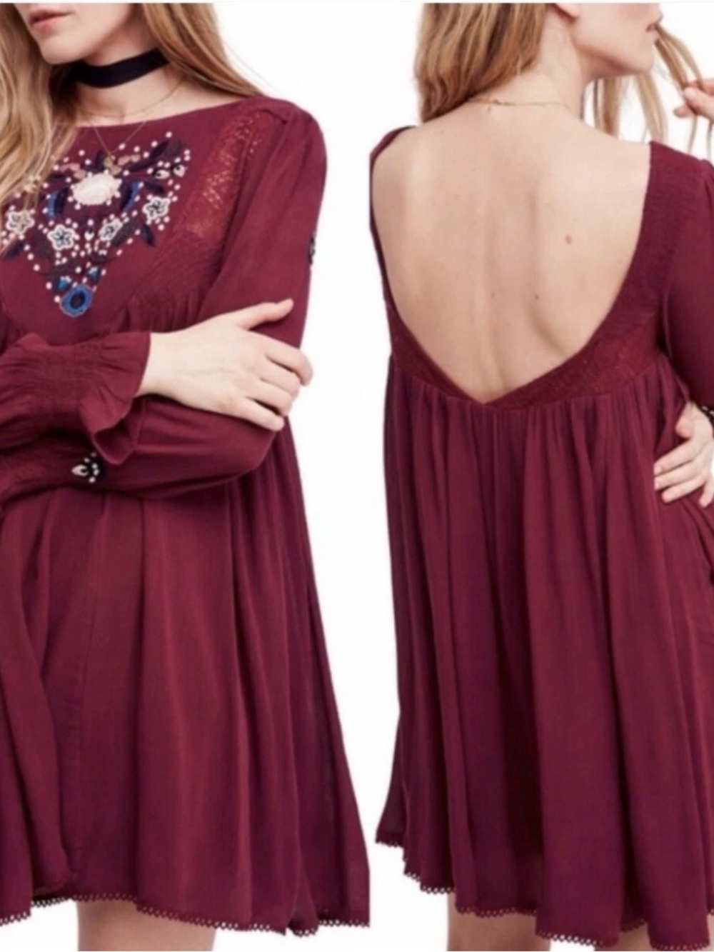 Free People Mohave Embroidered Boho Mini Dress Plum Purple Large Embroidered
